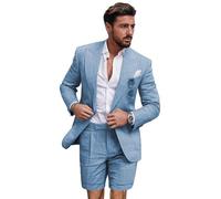 Leader of The Beauty Linen Suits for Men 2 Pieces Slim Fit Tuxedos Blazer Short Pants for Summer Wedding Casual Wear Blue