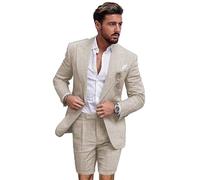 Leader of The Beauty Linen Suits for Men 2 Pieces Slim Fit Tuxedos Blazer Short Pants for Summer Wedding Casual Wear Beige