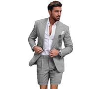Leader of The Beauty Linen Suits for Men 2 Pieces Slim Fit Tuxedos Blazer Short Pants for Summer Wedding Casual Wear Grey