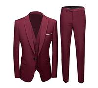 Leader of the Beauty Men's 3 Pieces Business Suit Peak Lapel Wedding Suits One Button Groom Tuxedos Evening Party Suits Burgundy 34 chest/28 Waist