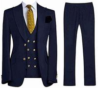 Leader of the Beauty Men's 3 Pieces Peak Lapel Business Suit Slim Fit Wedding Suits for Men Groom Tuxedos 50 chest/44waist Navy Blue