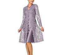 Leader of the Beauty Women's 2 Pieces Mother of The Bride Dresses Tea Length Women's Formal Dresses with Lace Jacket 20 Silver Purple