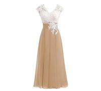 Leader of the Beauty Women's Chiffon V-Neck Prom Bridesmaid Dresses Tea Length Cap Sleeves Mother of The Bride Dresses 8 Champagne