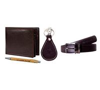 Leaderachi Genuine Brown Full Grain Leather RFID Blocking Bi fold Wallet & Leather Waist Belt with Designer Leather Key Ring & Metallic Black Pen for Men.(WPKB-8014BR), WPKB-8014, Retro, WPKB-8014