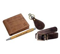 Leaderachi Genuine Hunter Leather RFID Blocking Bi fold Wallet & Leather Waist Belt with Hunter Leather Designer Key Ring & Wooden Pen Combo Gift Box for Men, Brown