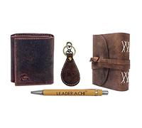 Leaderachi Genuine Hunter Leather Tri fold Wallet & Leather Journal Diary with Hunter Leather Designer Key Ring & Wooden Pen Combo Gift Box for Men Trifold-M, TRIFOLD-M, Rfid, TRIFOLD-M, Rfid