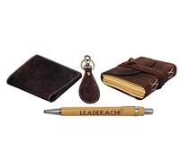 Leaderachi Hunter Leather Passport Holder Wallet & Leather Journal Diary with Hunter Leather Designer Key Ring & Wooden Pen Combo Gift Box for Men