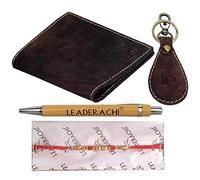 LEADERACHI Men's Genuine Hunter Leather Passport Holder Wallet with Hunter Leather Designer Key Ring and Wooden Pen with Rakhi Combo Gift Box, HUNTER, Travel Accessories