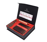 LEADERACHI Men's Genuine Hunter Leather Passport Holder Wallet with Hunter Leather Designer Key Ring and Wooden Pen with Rakhi Combo