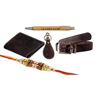 LEADERACHI Men's Hunter Leather Passport Holder Wallet and Leather Waist Belt with Hunter Leather Key Ring and Wooden Pen with Rakhi Combo for Raksha Bandhan, HUNTER, Travel Accessories