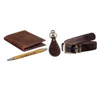 LEADERACHI Men's Hunter Leather RFID Blocking Bifold Wallet Waist Belt with Key Ring and Wooden Pen Combo Gift Box, WKPB-12