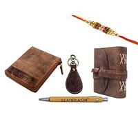 Leaderachi Rakhsa Bandhan Genuine Hunter Leather Wallet & Leather Journal Diary with Hunter Leather Designer Key Ring & Wooden Pen Combo Gift Box for Men (WKPD-10A-M), HUNTER, Casual