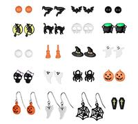 Leadigol Halloween Earrings for Women,Pumpkin Spider Bat Black Cat Skull Ghost Studs Earrings Sets,Halloween Ear Stud Ear Jewelry Gift Pumpkin Stud Earrings Alloy Party Accessories