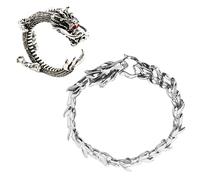 Leadigol Vintage Punk Bracelet Rings Set,Dragon Head Dragon Lin Bracelet Adjustable Ring Vikings Bracelet Ring Stainless Steel Heavy Bracelet Set