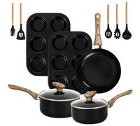 LEADKooKers 12 Piece Bakeware and Cookware Set, Non Stick Pots and Pans Sets, Induction Hob Pan Set with Wood Effect Handles, Includes Saucepan Set, Frying Pan & Silicone Utensils