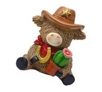 LEADSDGE Detailed Resin High Land Cow With Western Hat Miniature Sculpture Home Accent Nursery Garden Outdoor Artistic Display Indoor Garden Art Decors