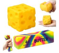 LEADSTAR 2PCS Butter Squishy and Cheese Squishy Squeeze Toys, Rainbow Butter Stick Slow Rising Squeeze Toy, Soft Sensory Stress Relief Fidget Toy for Adults Kids, Cute Desk Fidget Decor