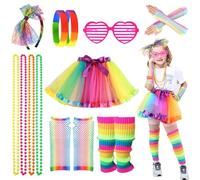 LEADSTAR 80s Fancy Dress for Women Girls,Party Rainbow Costume Accessories Set Tutu Skirt Leg Warmers Fishnet Gloves Glasses Bracelet Necklace Headband,Retro Outfit for 80s Party, Dress up Day