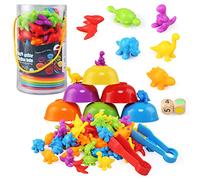 LEADSTAR Montessori Dinosaur Counting Toys for 3 Year Old, 58 PCS Colour Sorting Dinosaurs Maths Learning Set with Bowls, Dice and Tweezers, Fine Motor Skills Educational Toys for Kids Ages 3 4 5