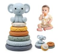 LEADSTAR Stacking Baby Toys Silicone, Elephant Sensory Stacker Circles Teething Baby Toy 6 to 12 months, Early Development & Activity Toddler Toys, Silicone Soft Teething Toy, Stacking Toys-7PCS