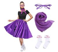 Leadtex Women Sock Hop Costume 1950s Poodle Skirt with Scarf,Glasses,Socks,Adult 4 Piece 50s Costume Set, Purple, XX-Large