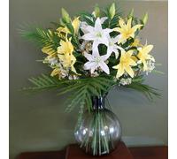 Leaf 100cm Artificial Lily Palm Flowers Glass Ball Vase - 100cm - White/Yellow - 100cm Lily Palm Glass Vase