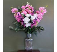 Leaf 100cm Pink Blossom White Rose Arrangement Glass Vase - 100cm - 100cm - 100cm Pink Blossom White Rose Glass Vase