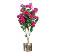 Leaf 100Cm Realistic Artificial Azalea Pink Flowers Potted Plant With Silver Metal Planter