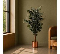 Leaf 130cm Artificial Variegated Bushy Ficus Tree Copper Planter in Green Leaf Green