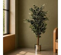 Leaf 130cm Artificial Variegated Bushy Ficus Tree Silver Planter in Green Leaf Green