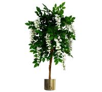 Leaf 130cm Luxury Artificial Wisteria Tree White Flowers - Premium Range Gold Metal Planter - 130cm - 130cm - Green
