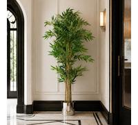 Leaf 150Cm (5Ft) Natural Look Artificial Bamboo Plants Trees - Xl With Silver Metal Planter