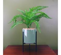 Leaf 40cm Artificial Fern Plant with Ceramic Planter Stand in Green Leaf Green