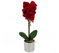 Leaf 46Cm Artificial Orchid Red With Silver Pot