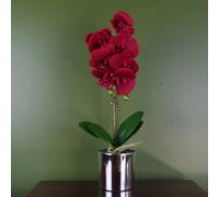 Leaf 46cm Artificial Orchid Red with Silver Pot - 46cm - 46cm - 46cm Red Silver Real Touch