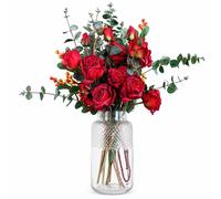 Leaf 60cm Artificial Red Rose & Eucalyptus Glass Diamond Vase Premium Leaf Red