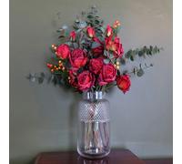 Leaf 60cm Red Rose and Eucalyptus Glass Diamond Vase - 60cm - Red - 60cm Red Rose Eucalyptus Glass Diamond Vase