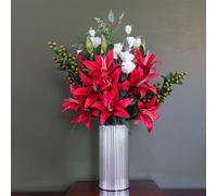 Leaf 80Cm Artificial Red Lily Arrangement Silver Glass Vase
