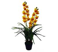 Leaf 90cm Artificial Cymbidium Orchid Plant-Extra Large Black Plastic Pot, Yellow
