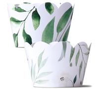 Leaf and Floral Cupcake Wrappers, 48 Count - Greenery and Floral Pattern Decorations for Baby Showers, Weddings, and Parties - Green Leaf Cupcake Wrappers