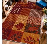 Leaf Area Rug, Autumn Rustic Gingham Checkered Fall Red Low Pile Indoor Rectangle Carpet Non Shedding Rugs for Living Room Bedroom College Dorm Kitchen Decor 4' X 6'
