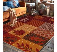 Leaf Area Rug, Autumn Rustic Gingham Checkered Fall Red Non-Slip Backing Edge Binding Home Rectangle Carpet Rugs for Living Room Bedroom Kitchen Hallway Decor 5' X 7'