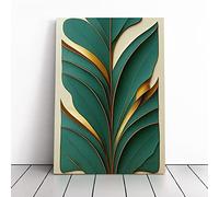 Leaf Art Deco No.5 Green, Green, Gold | Canvas Wall Art Print | Framed & Ready to Hang Picture | Modern Home Decor for Living Room, Bedroom, Kitchen or Office | 20x14 Inches