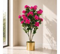 Leaf Artificial 100Cm Premium Azalea Pink Flowers Potted Plant With Gold Metal Planter