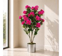 Leaf Artificial 100Cm Premium Azalea Pink Flowers Potted Plant With Silver Metal Planter