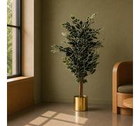 Leaf Artificial 130cm Variegated White/Green Bushy Ficus Tree Gold Planter in Green Leaf Green