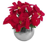 Leaf Artificial Christmas Xmas Red Poinsettia 40Cm Silver Hammered Metal Planter, Red
