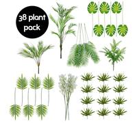 Leaf Artificial Pack of 38 Foliage Stem Plants Leaves & Palm Trees in Green Leaf Green