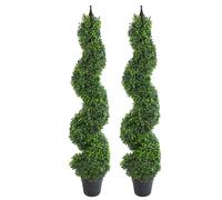 Leaf Artificial Pair of 120cm Tall Boxwood Tower Trees Topiary Spiral Metal in Green Leaf Green