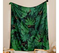 Leaf Black Green Blanket Super Soft Fuzzy Flannel Fleece Throw Blanket Palm Tree Leaf Botanical Pattern Black Cat Kitten Blanket Travel Bed Blanket for All Season, 50’’ x 60’’